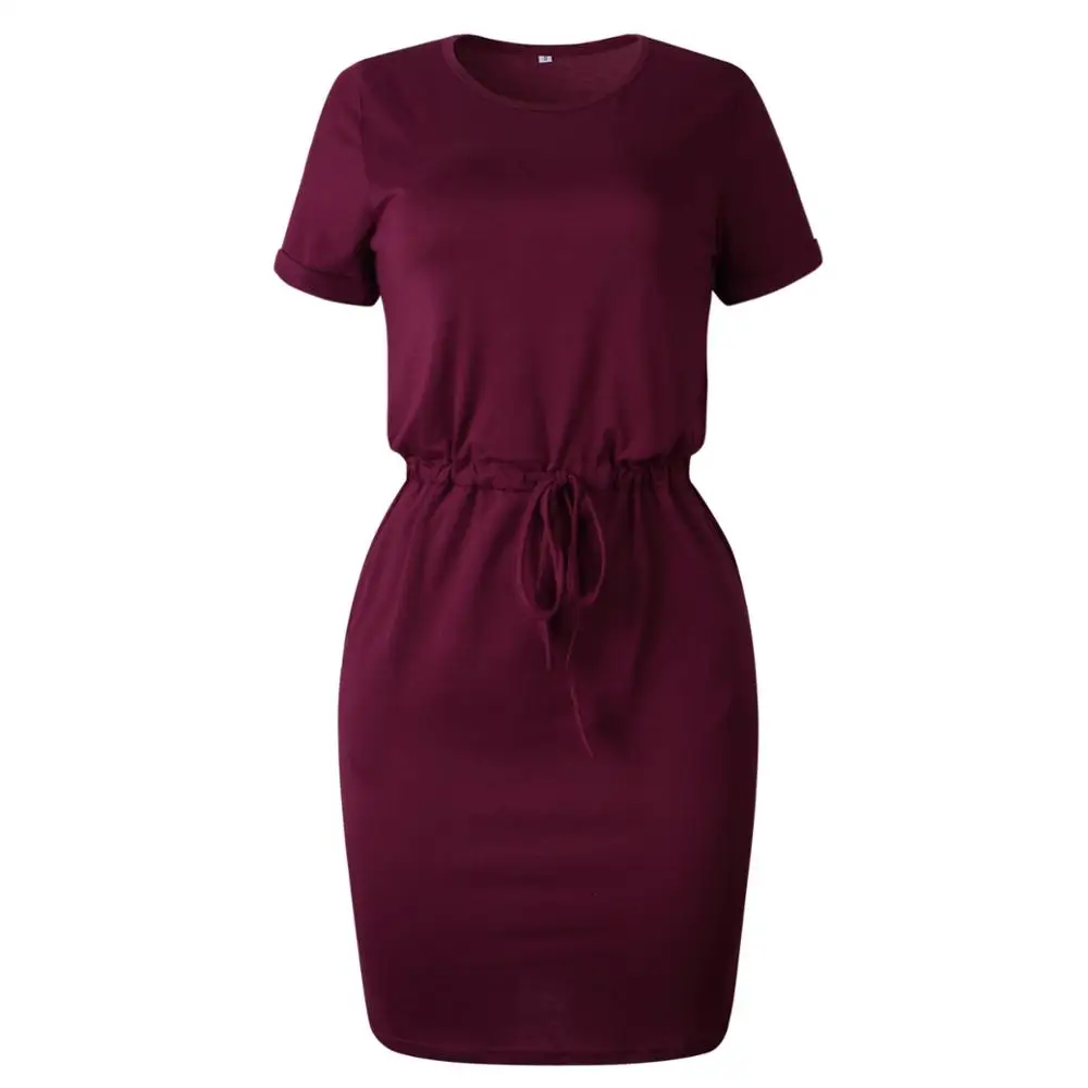 

Women Summer Sexy Short Sleeve Dress 2019 New Casual Solid Color Belt Mini Streetwear Dress Elegant Fashion Wine Red Party Dress
