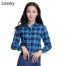 Lossky Women Plaid Shirt Long Black Sleeve Cotton Blouse Tee Shirt Femme Top Blazer Tartan Clothes