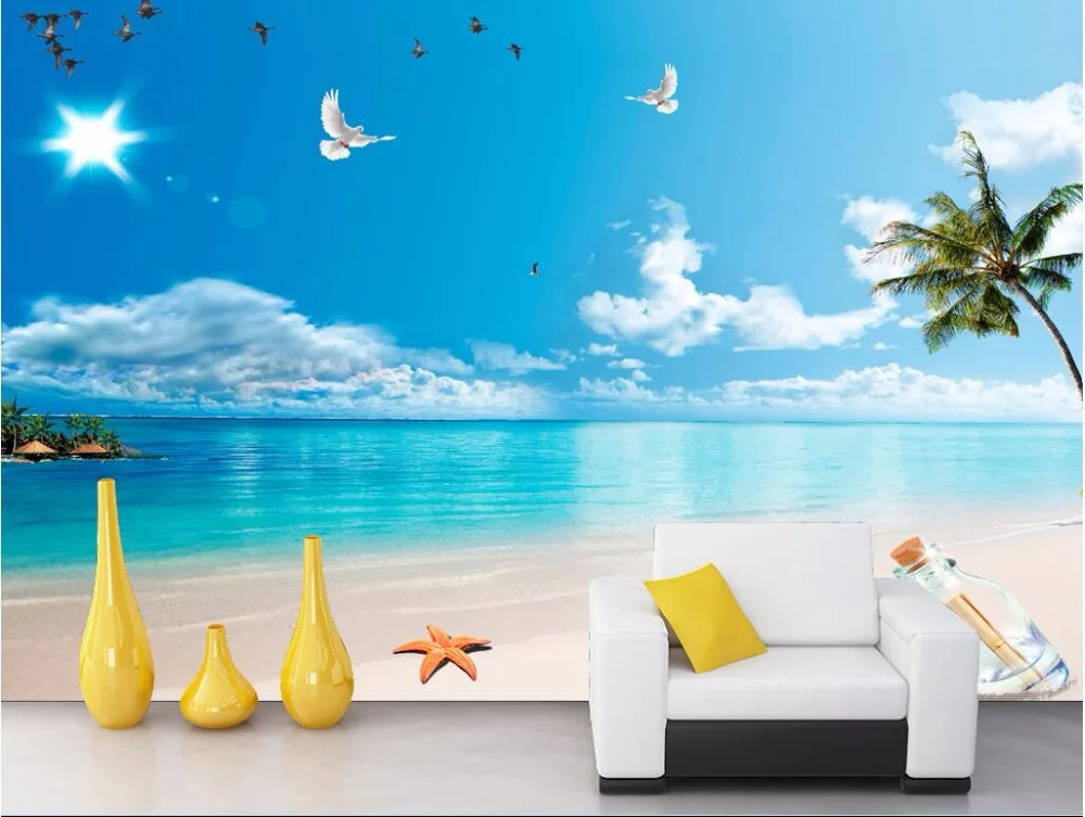 

Custom photo designs 3d wall murals wallpaper Sea beach blue sky and white clouds decor picture wallpapers for living room