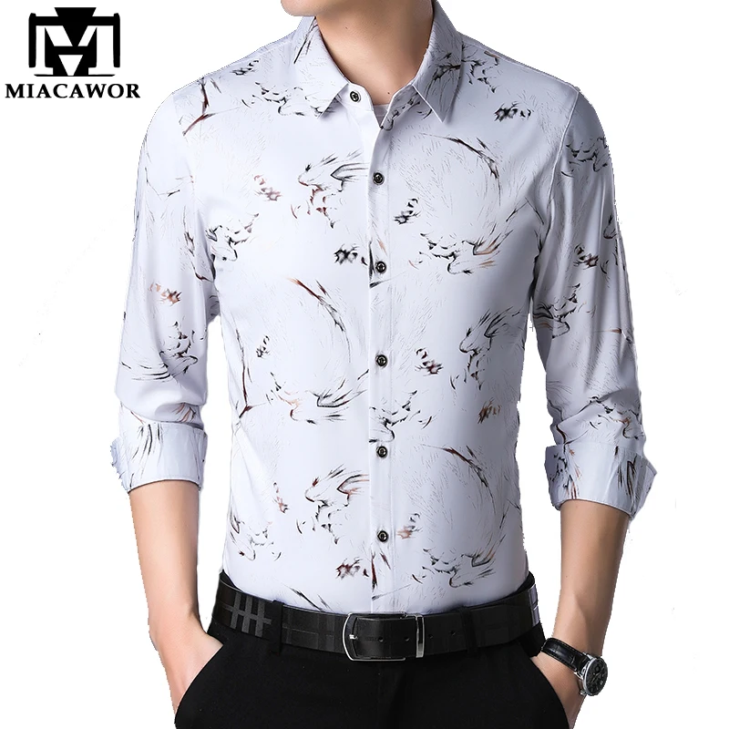 MIACAWOR Casual Shirt Men Autumn Fashion Print Dress Long Sleeve Shirts Slim Fit Camisa Masculina Clothes C526 | Мужская одежда