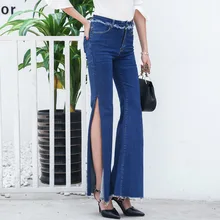 Для женщин Мода полной длины джинсы Высокая талия узкие джинсы-стретч высокой вилка Винтаж расклешенные джинсы брюки#9513