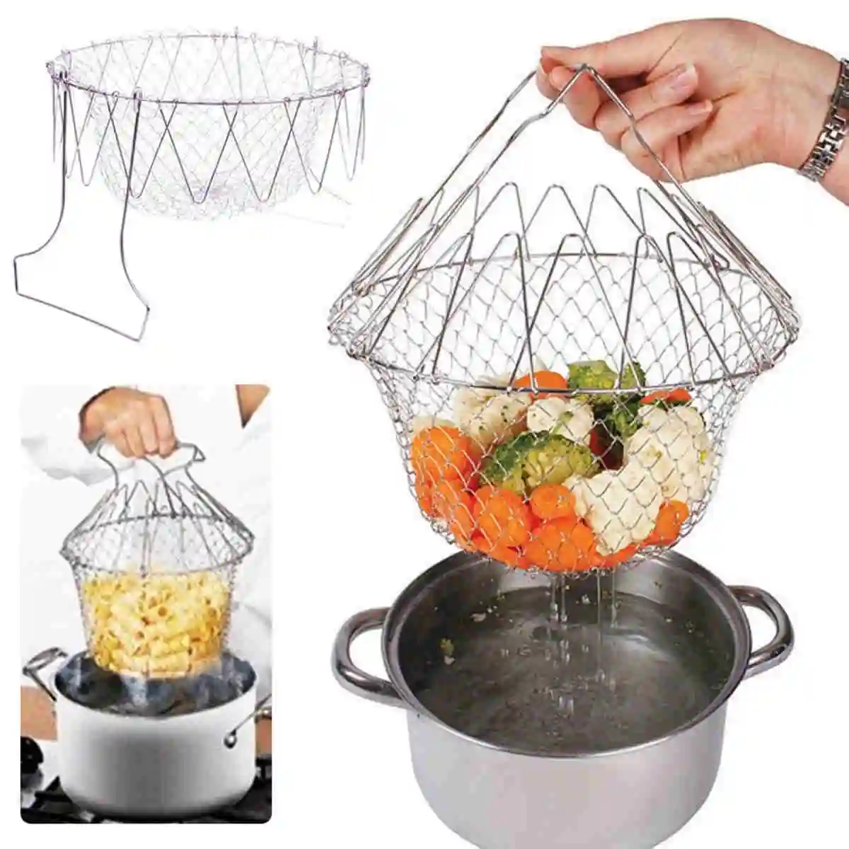 1pcs Foldable Fry Basket Steam Rinse Strain mesh basket Strainer Net Stainless Steel Colander Kitchen Cooking Tools 23x23 x12cm