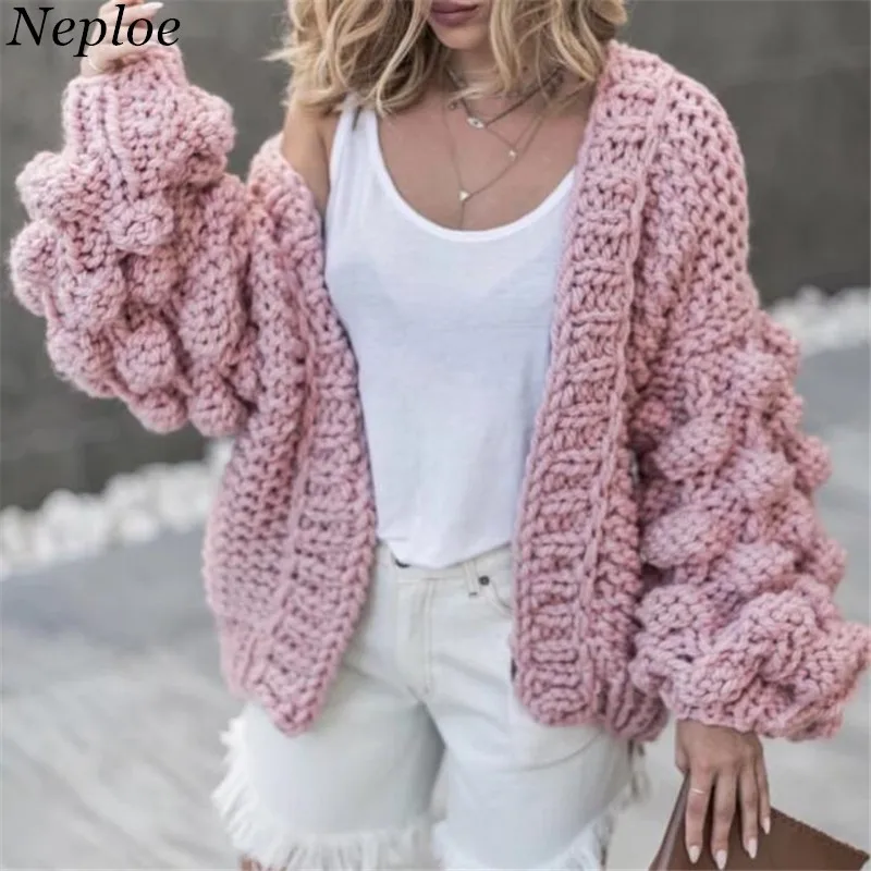 

Neploe Hand Knitted Solid Chaqueta Mujer Long Sleeve Loose Roupas Feminina V-neck 2019 Autumn Winter Fashion Women Sweater 67942