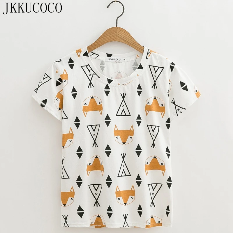 

JKKUCOCO Newest style Women tops Cartoon Fox Print t-shirt short sleeve o-neck Casual T-shirt Women t shirt Summer tee XS-XL