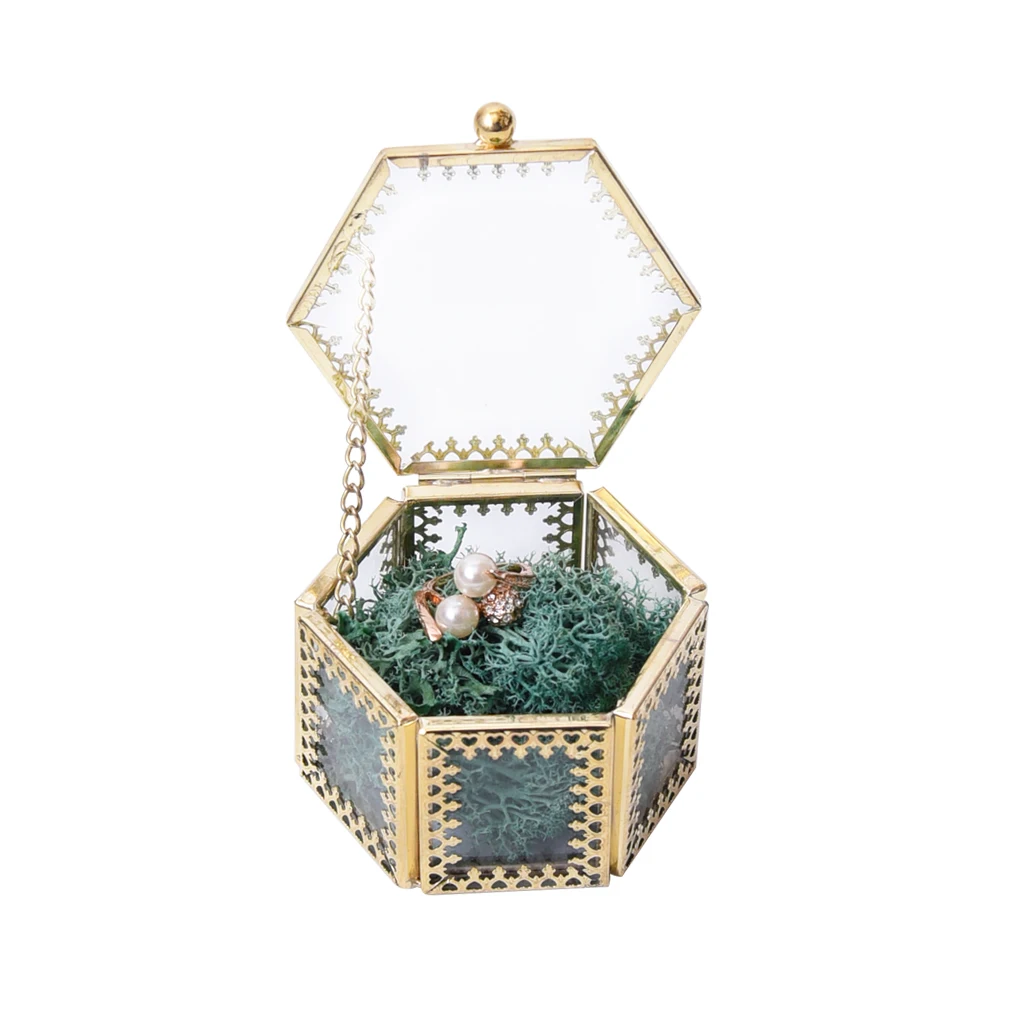 Transparent Mini Glass Hexagonal Shape Heart Jewelry Earring Ring Showcase Holder Box Wedding Party