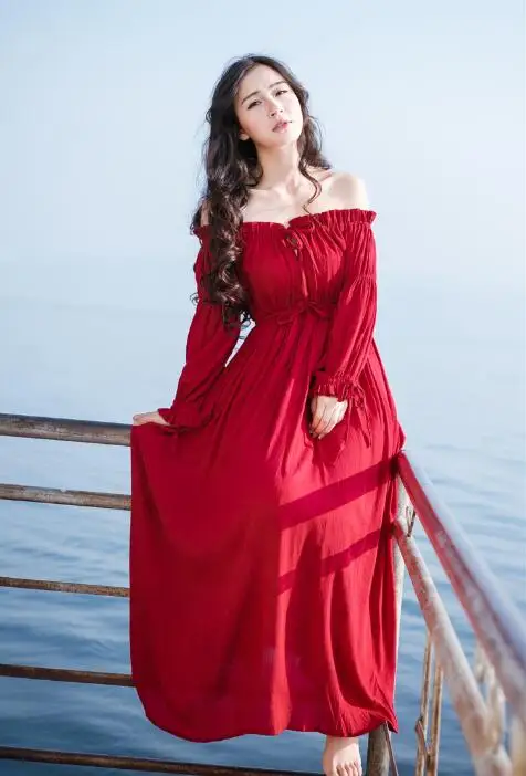 

Free Shipping New Arrival Retro Style Slash Neck Long Sleeve Pure Color Cotton Woman Tie Long Dress