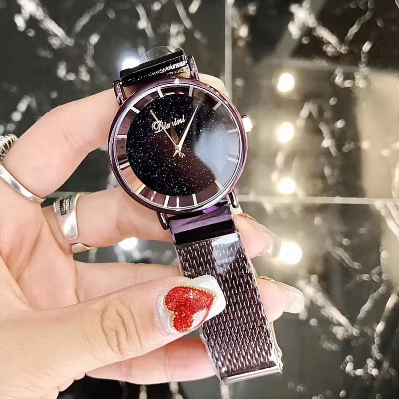 

Fashion 36MM Starry Dial Ladies Wristwatches Personality Purple Stainless Steel Mesh Strap Quartz Women's Watches gift for women