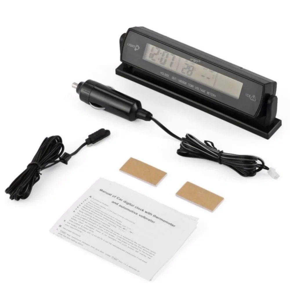 ONEWELL Car Black Auto Clock Voltage Digital LCD Car Temperature Thermometer Alarm Clock with Cigarette Lighter Cable