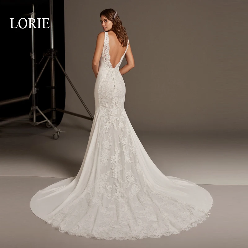 

LORIE Mermaid Wedding Dress Lace Appliqued add Beading with Chiffon Sleeveless Backless Bridal Dresses Plus Size vestido de noiv