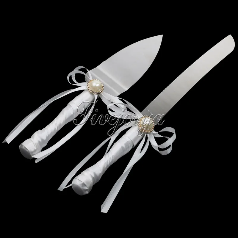 Handmade Wedding Cake Knife And Sever Set Satin Ribbons Bow Pearls