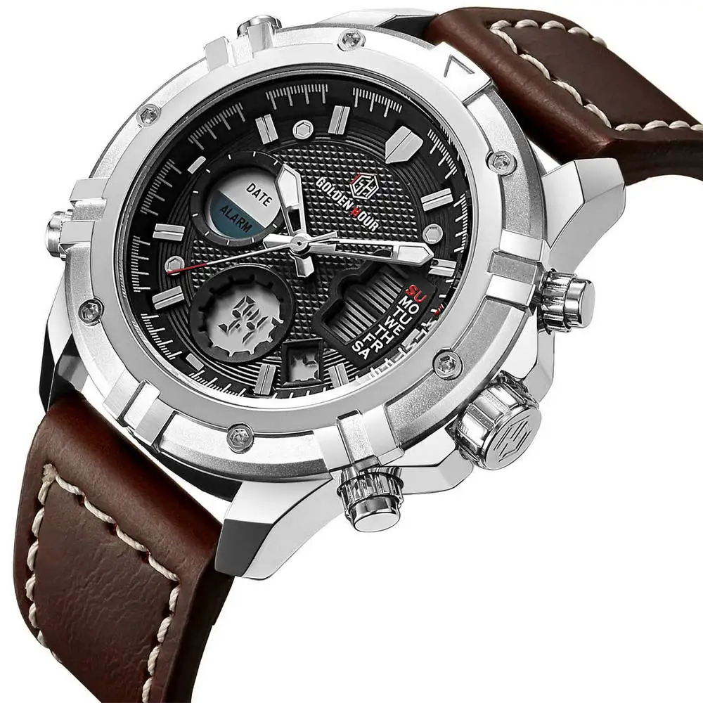 GOLDEN HOURS Military Quartz Dual Time Watch Men Date Week Alarm