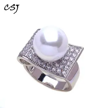 

CSJ pearl rings New Coming Round Simulated white shell Pearl Beads Big Rings for Women party Luxury