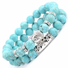 

Natural Stone Bracelet Men Blue Turquoises Beads Buddha Charm Bracelets & Bangles For Women Yoga Meditation Jewelry 2pcs/set