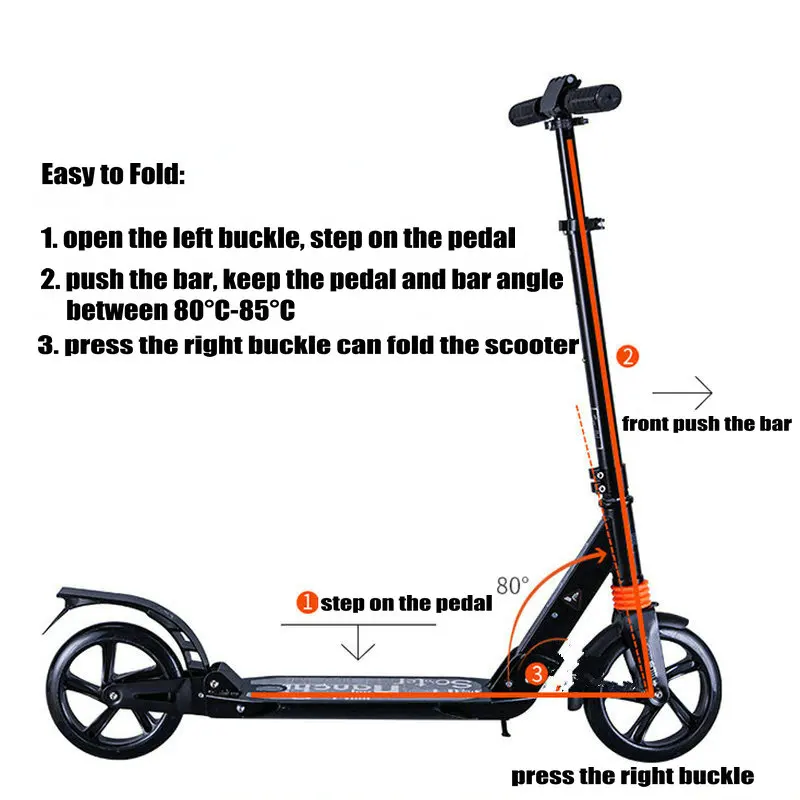Adult Scooter with double shock absorption, double brake and 20cm PU wheel adult foldable kick scooter