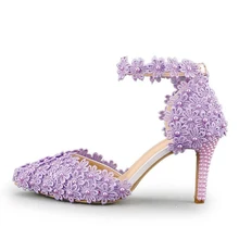 Ankle Strap Summer Sandals Handmade Lace Flower Women Middle Heels Bridal Wedding Shoes Adult Ceremony Pumps Purple Yellow