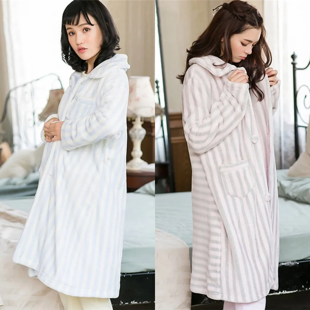 SWEETPINE Blue Striped Nightrobes Turndown Square Collar Pajamas Winter