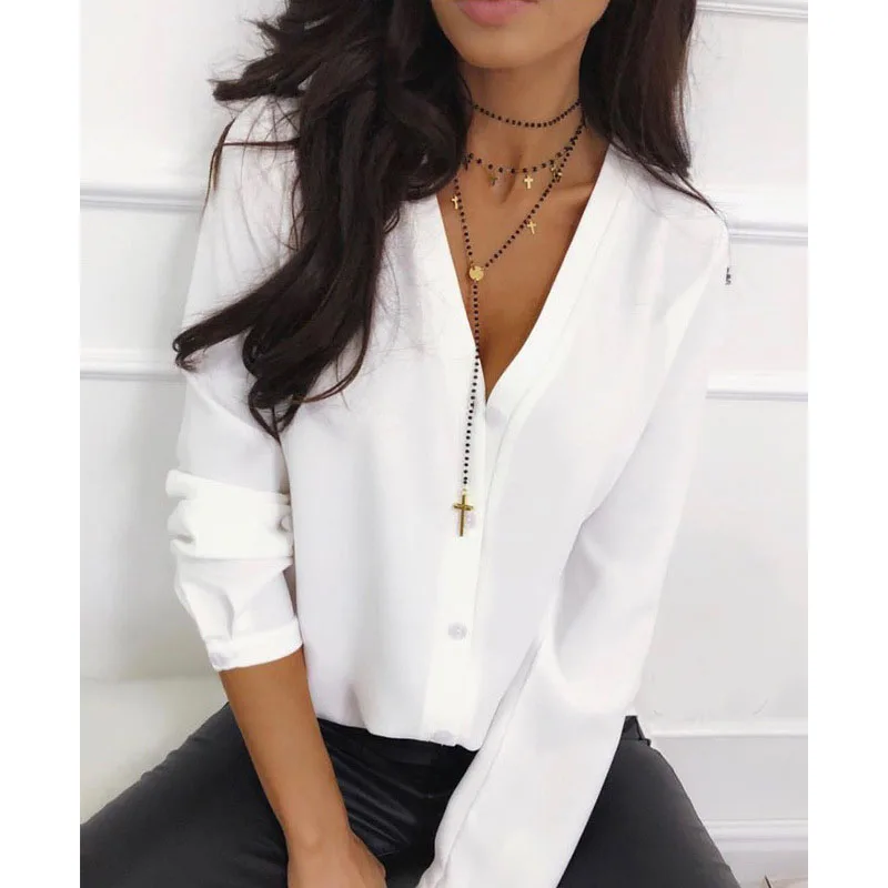  Women Clothing Summer Long Sleeve Sexy V Neck Chiffons Shirt Office Ladies New Loose Solid Buttons 