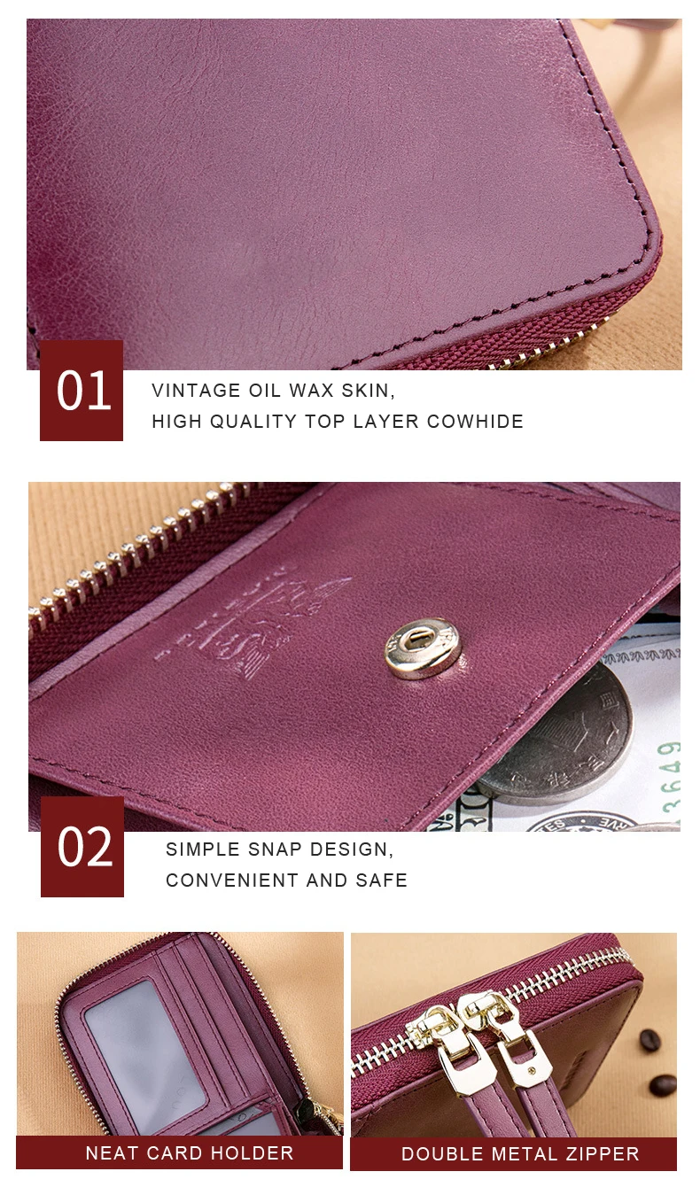 Women's Wallets Vintage Oil Wax Leather Short Wallet Genuine Leather Women Wallet Zipper Small Purse Female Mini Slim Coin Purse