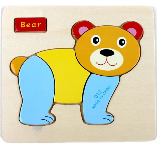 14,7*14,7 см деревянные игрушки для детей 3D маленькие Пазлы для детей мультфильм животных Ранние развивающие игрушки фрукты головоломки - Цвет: Bear