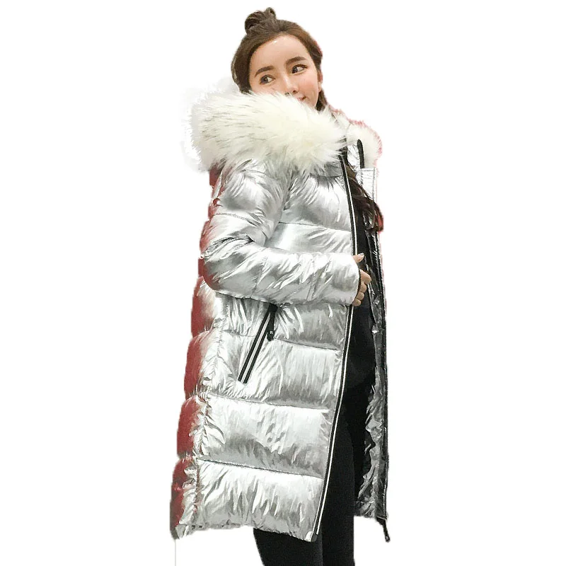 

Metal Golden Silver Bright Hooded Jacket Coat Women Winter Warm Cotton Padded Long Parkas High Quality Bomber Streetwear Parka