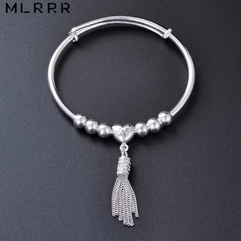 

MLRRR Sterling 990 Silver Fashion Simple Beads Adjustable Bracelets Bangles and Heart Tassels