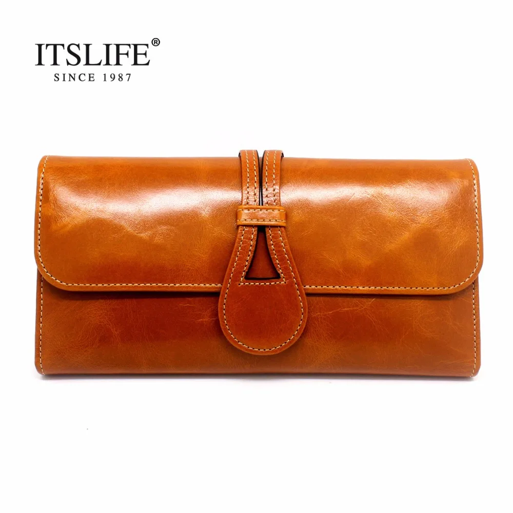 

Womens Retro purse genuine leather tri-fold long section of women's large capacity bag buckle cover cowhide women wallets