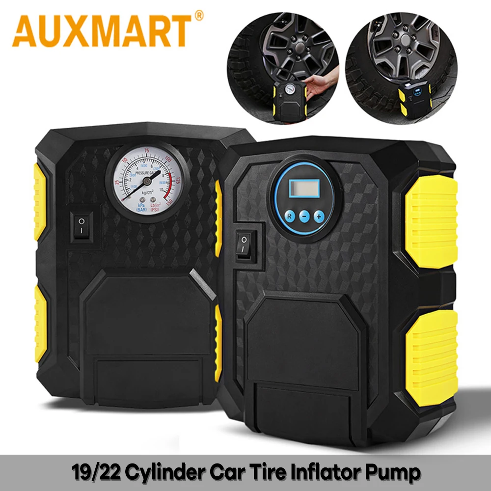 Auxmart Car Tire Inflator Pump Portable Electric 12V Auto Air Compressor LED Light Digital Inflatable Pump 19/22 Cylinder 120W