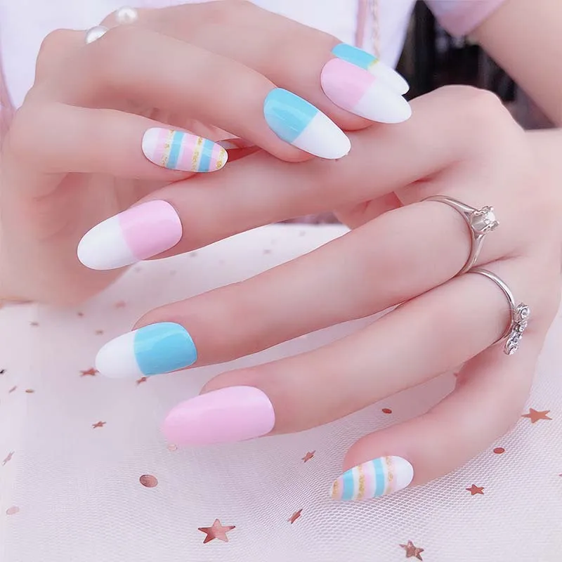 

Girls Sweet Color DIY Fake Nails Blue Pink Round Head Long French False Nail Fashion Beach Nail Tips Press With Glue