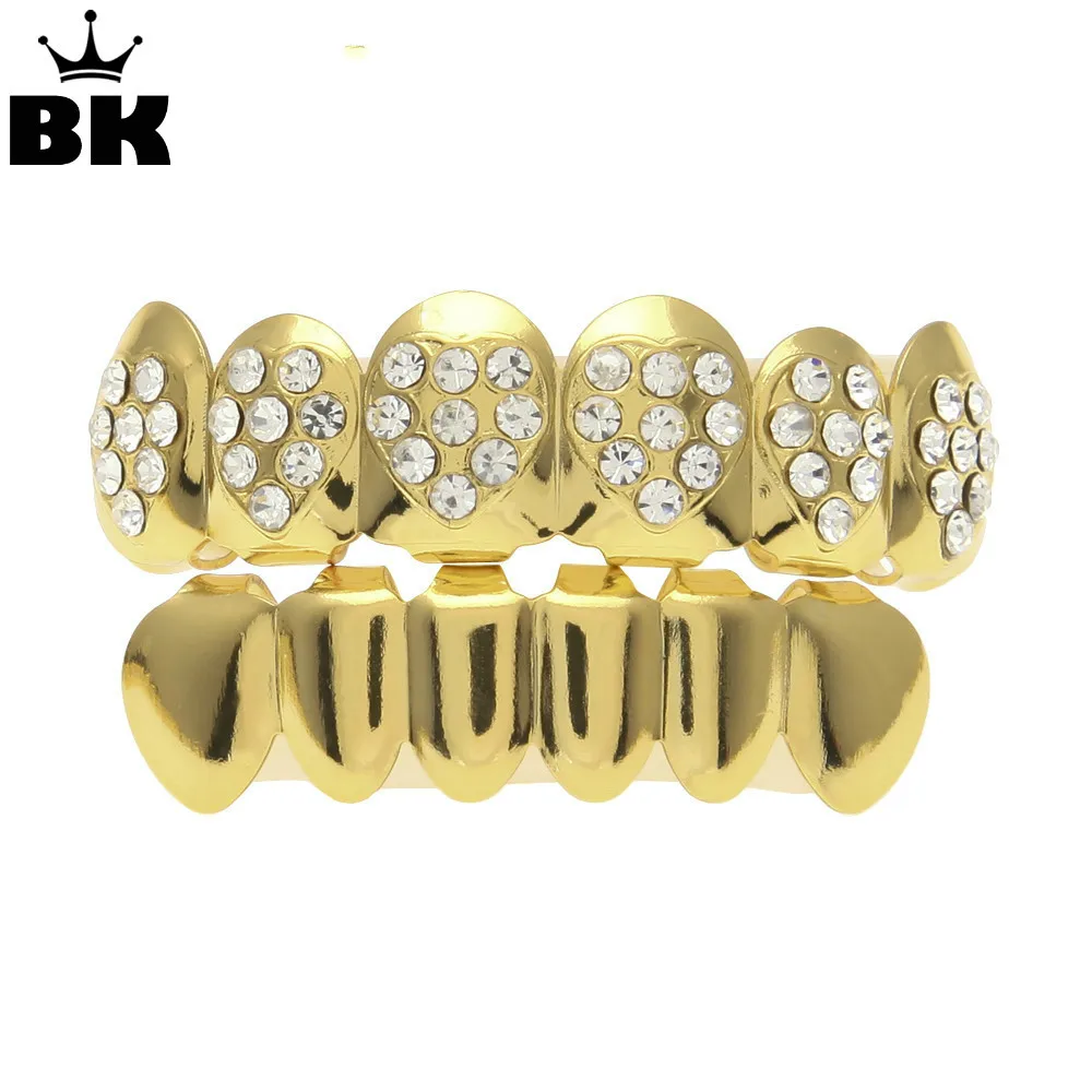 Hip Hop Rose Gold Color Heart Top Teeth Grills Six Teeth Iced Out