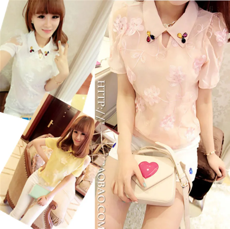 Free shipping 3648 2013 organza disk flowers gem peter pan collar chiffon short-sleeve shirt |