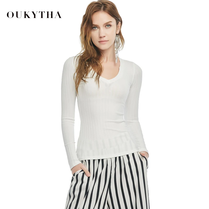 Oukytha осень 2017 г. одежда с длинным рукавом Slim Fit Bodycon v образным вырезом топ Пуговицы