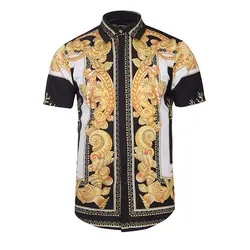 Новое поступление, модная мужская рубашка с 3d цветочным принтом, повседневная, приталенная, короткий рукав, золотой Гавайский стиль, Camiseta