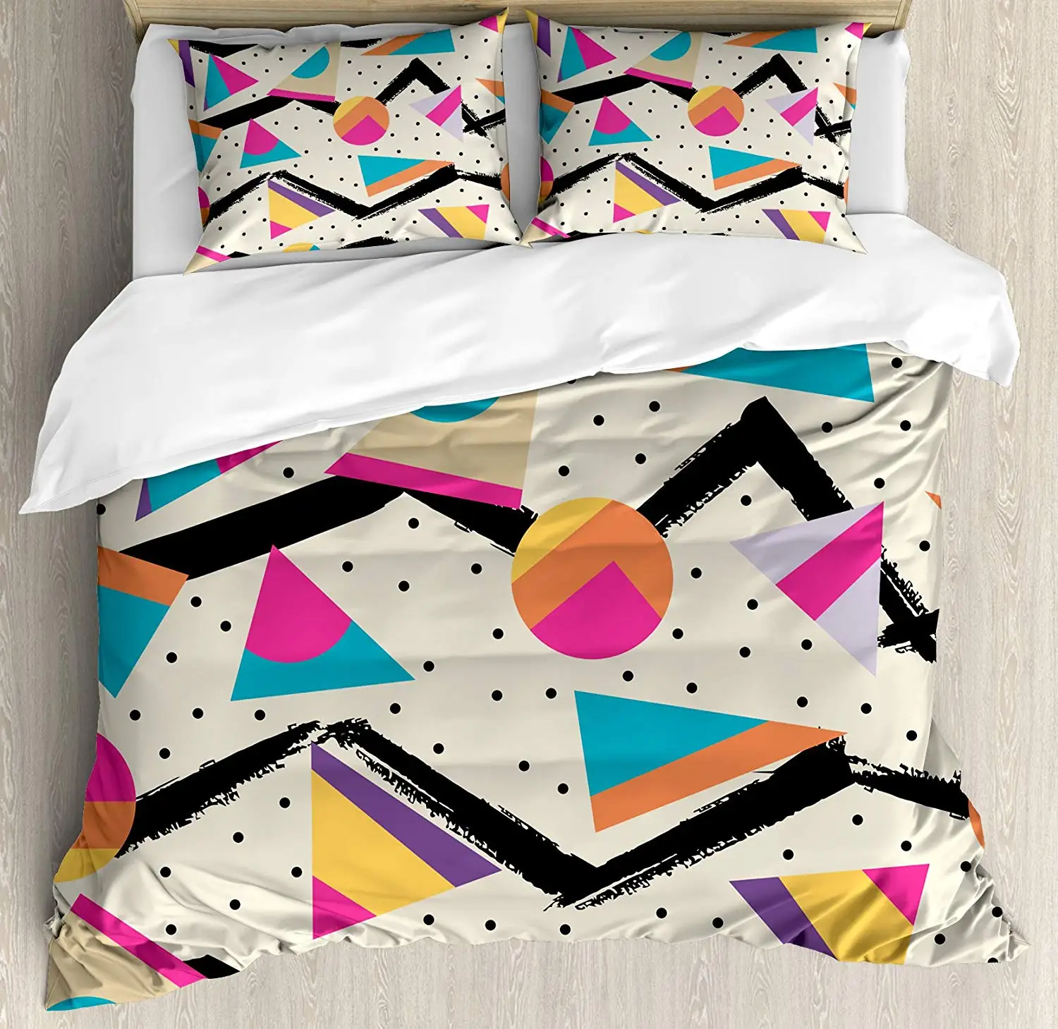

Indie Duvet Cover Set Queen Size Eighties Memphis Fashion Style Geometric Abstract Colorful Design Dots Funky Bedding Set