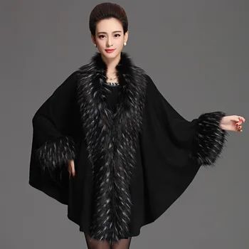 

Autumn Winter Women's Long Cardigans Fake Raccoon Fur Collar Cashmere Sweaters Shawl Knitted Cardigan Poncho Cape Q6-85F