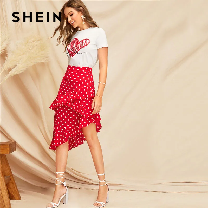 SHEIN Женская юбка в горошек с красной оборкой и асимметричным подолом, летняя женская юбка в стиле бохо, повседневная юбка для пляжного отдыха со средней талией