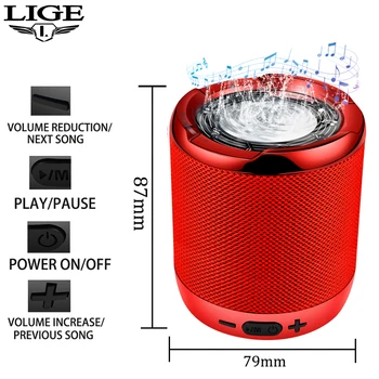 

2020 LIGE Red Mini Bluetooth Speaker Built-in Microphone Stereo Rock Sound Outdoor 10W Portable Wireless Speaker Support TF card