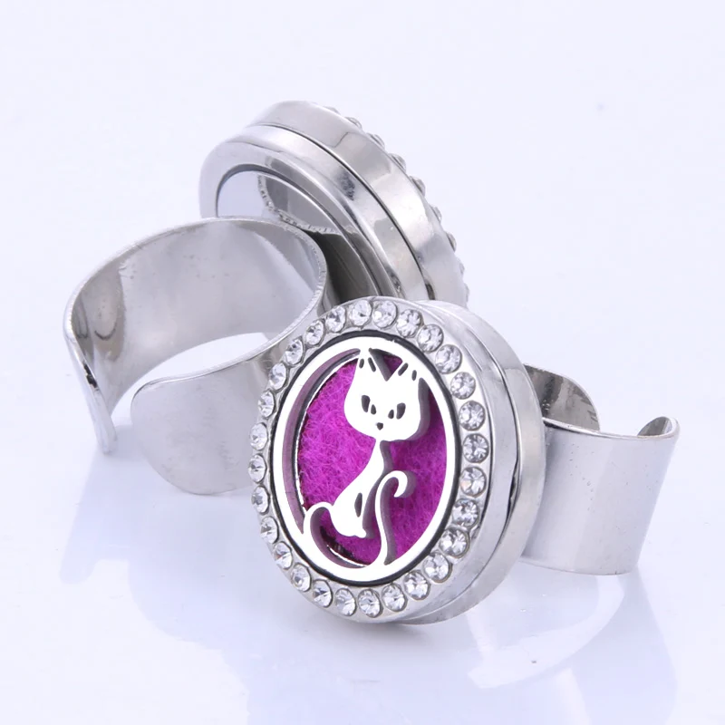 

New Aromatherapy Jewelry Ring Cute Cat Adjustable Stainless Steel Perfume Magnetic Rings Essential Oil Diffuser Open Lockets
