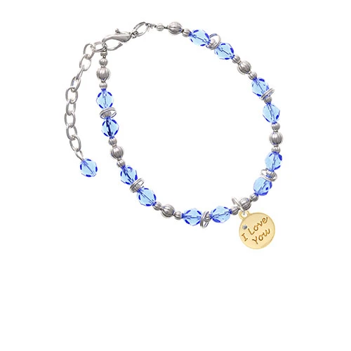 Goldtone I Love You Disc Light Blue Beaded Bracelet