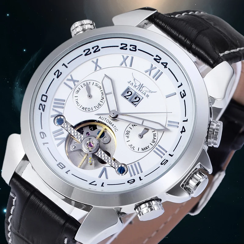 

Jargar Mechanical Watch Date Display Calendar Tourbillon Leather Strap Men's Automatic Wristwatch