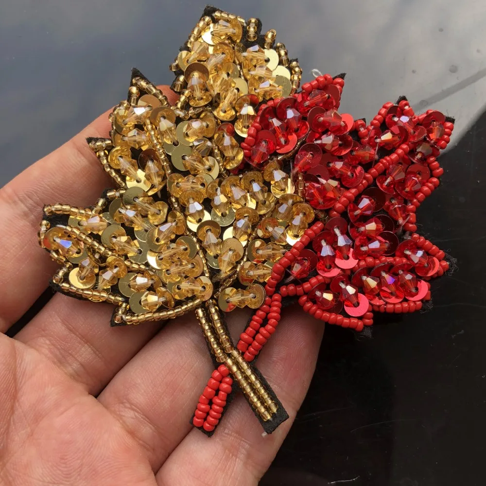 Manual Beaded Maple Leaf Patches Sew On Embroidered Patch Applique for