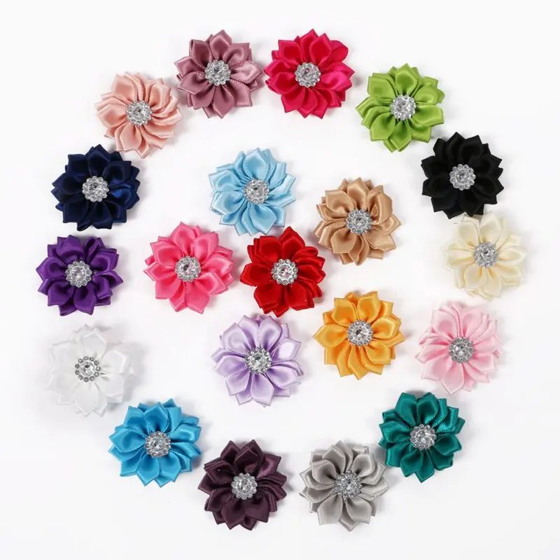 

Hairwear Satin Flower WITHOUT Clip Fabric Flower With Rhinestone For Baby Girls Headbands Appliques 20 PCS/SET New