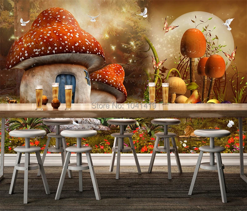 Пользовательские мультфильм тема настенной бумаги для детей грибной дом мультфильм фантазия Настенная роспись детская комната диван фон обои