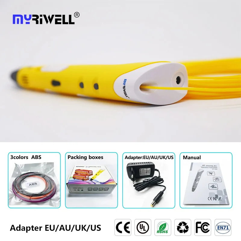 Myriwell 3D Ручка rp 100a с 20 цветами 100 м диаметр 1,75 мм нити Детские Креативные 3D инструменты для рисования лучший подарок на день рождения - Цвет: only  yellow pen