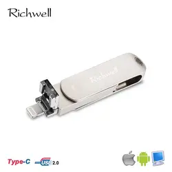 Richwell Флешка type-C 128 ГБ флеш-накопитель 32 ГБ Гб OTG USB 2,0 ГБ 64 ГБ для iPhone X/8/7/7 Plus/6s/6s Plus/6/6 Plus/5/SE/ ipad 16 gb