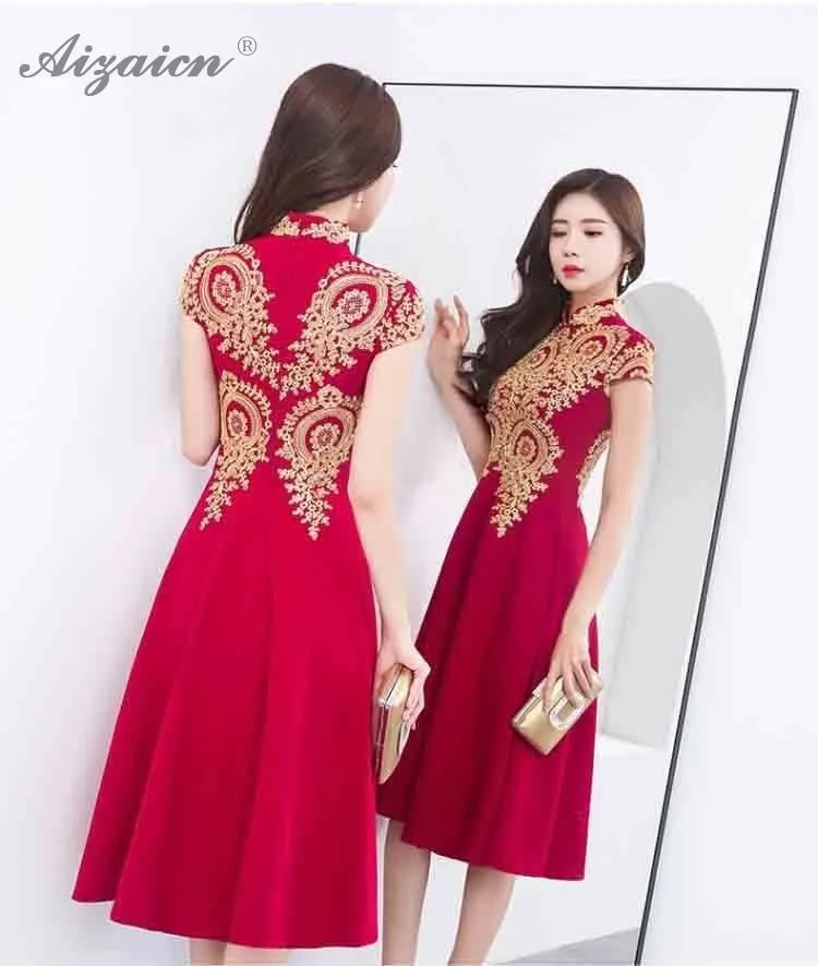 Novia moda corto rojo Cheongsam vestido bordado flor Qi Pao mujeres chino tradicional ropa Qipao Восточный vestidos de boda