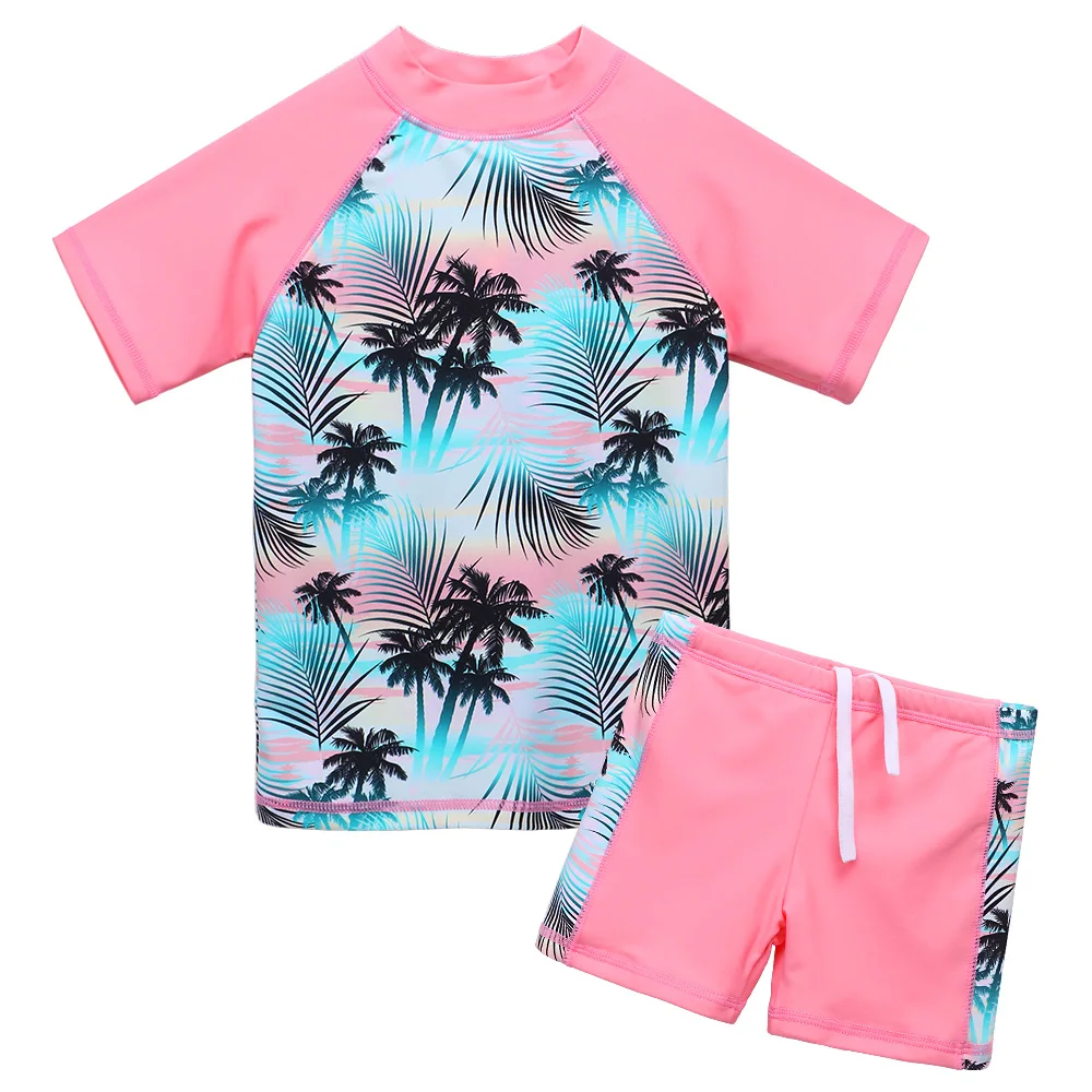 

BAOHULU Kids Swimsuit Green Pink Girls Rash Guards UPF50+ Children Swimming Set Top+Shorts Beach Bathing Suit for 3-10 Years