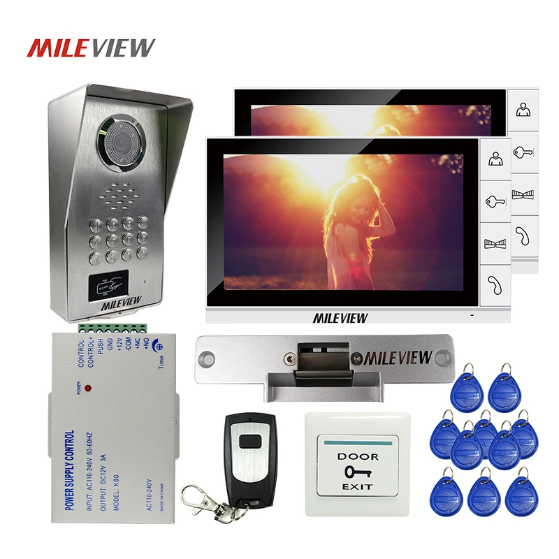 FREE SHIPPING 9 LCD Video Intercom Door bell Phone 2 Monitors Kit RFID Code Keypad Unlock Outdoor Camera + Strike Electric Lock