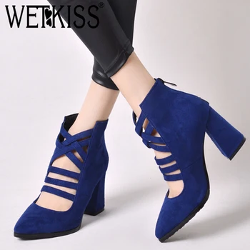 

WETKISS Plus Size 32-46 High Heels Ankle Boots Women Pointed Toe Footwear Flock Femal Boot Cross Tied Shoes Women Sping 2019