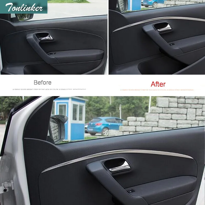 

Tonlinker Cover Stickers For Volkswagen POLO Hatchback 4 PCS New Stainless Steel Car styling Side Door Decorative Light Strip
