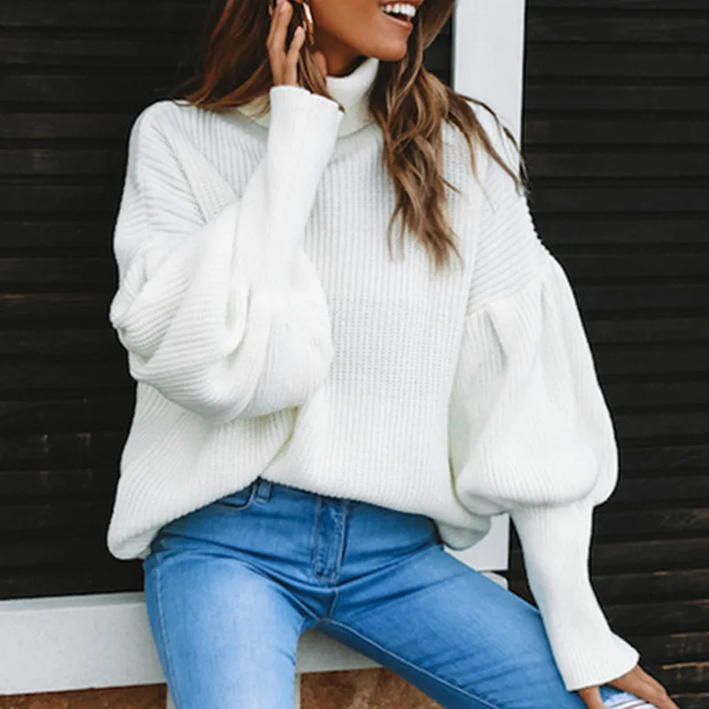 

Adogirl Women's Knitted Sweater Pullover High-collar Lantern Sleeves Sweater Warm Autumn Fall Fashion Solid Color Outwear